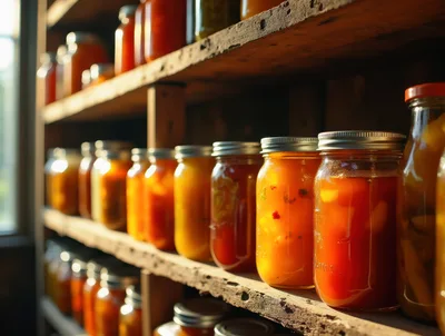 Rows Of Preserved Food Jars On Wooden Shelves