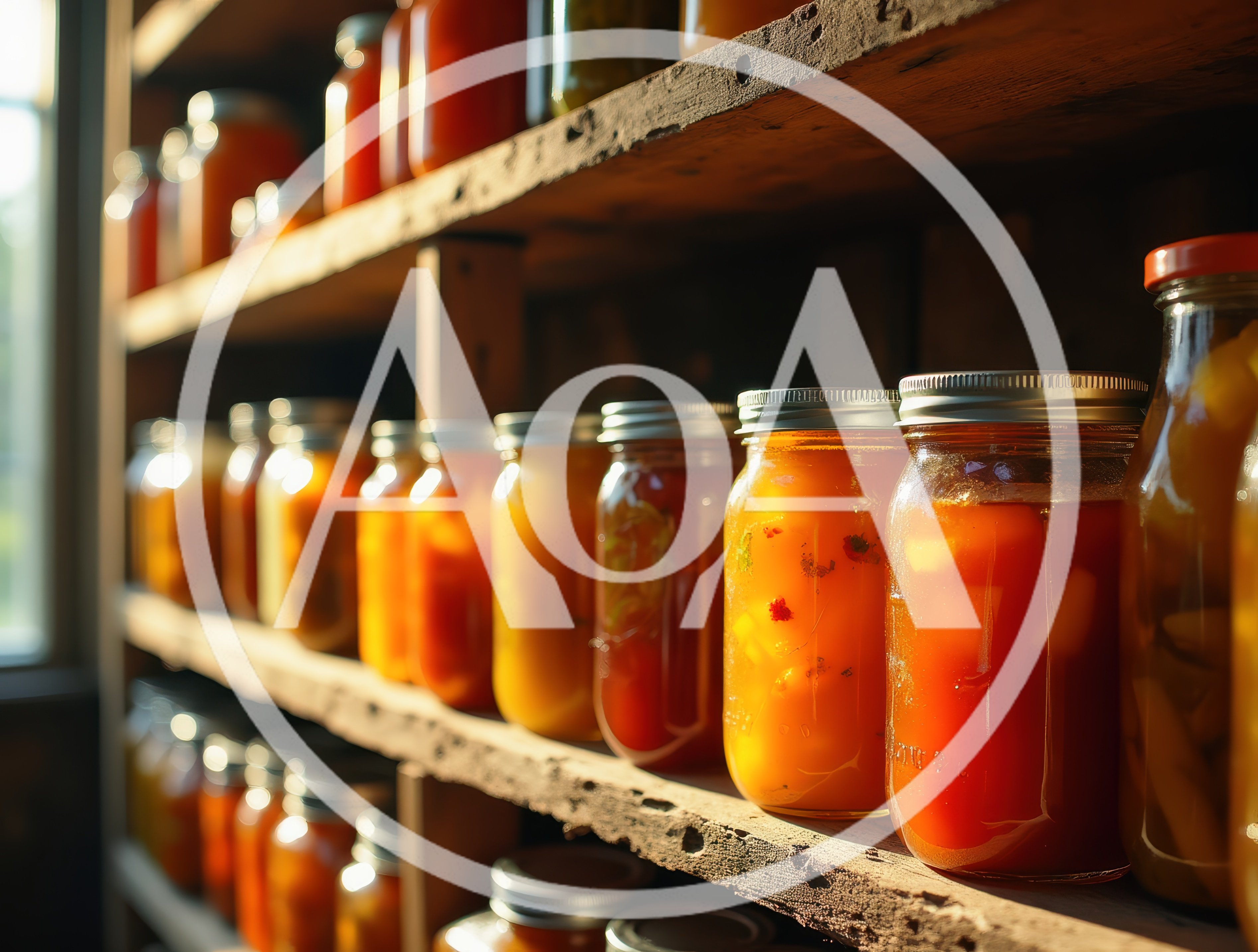 Rows Of Preserved Food Jars On Wooden Shelves