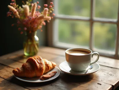 Morning Breakfast With Croissant And Coffee By Window