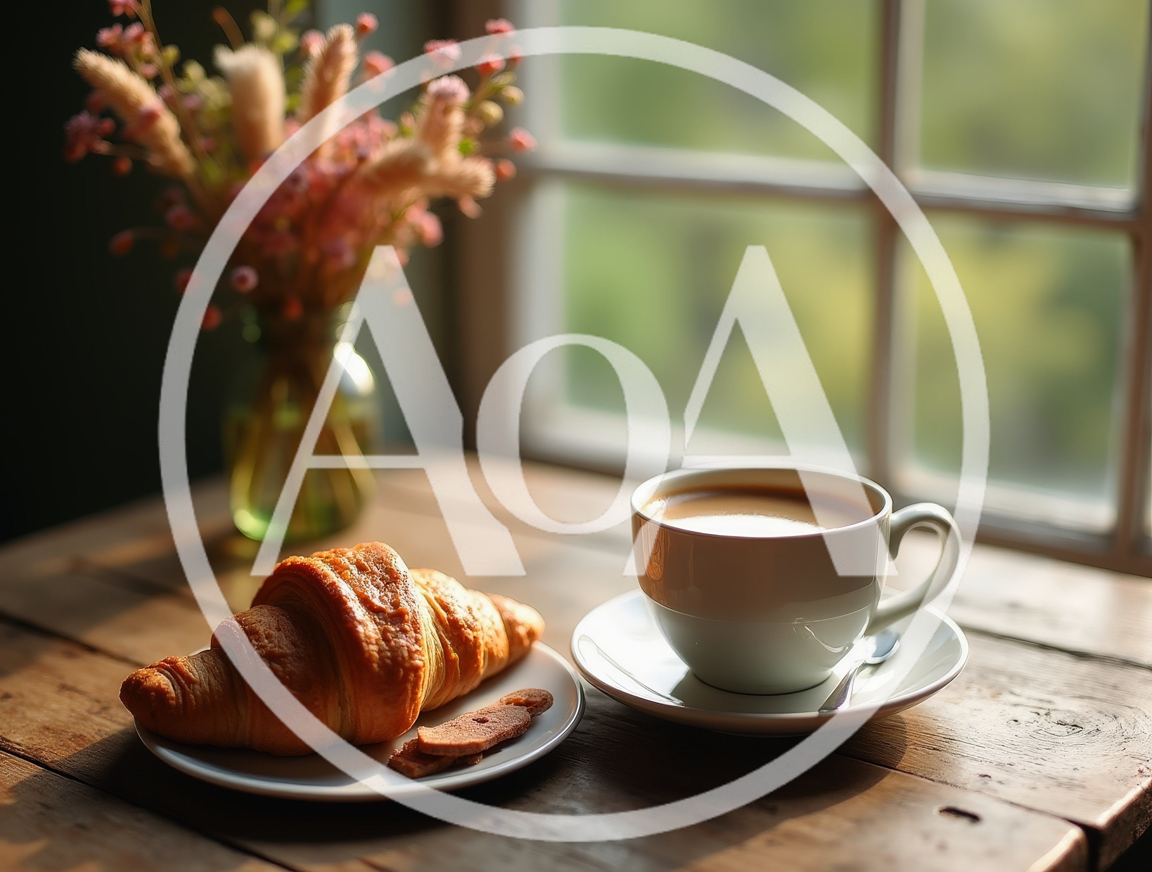 Morning Breakfast With Croissant And Coffee By Window