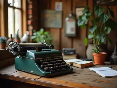 Vintage Green Typewriter on a Rustic Wooden Desk