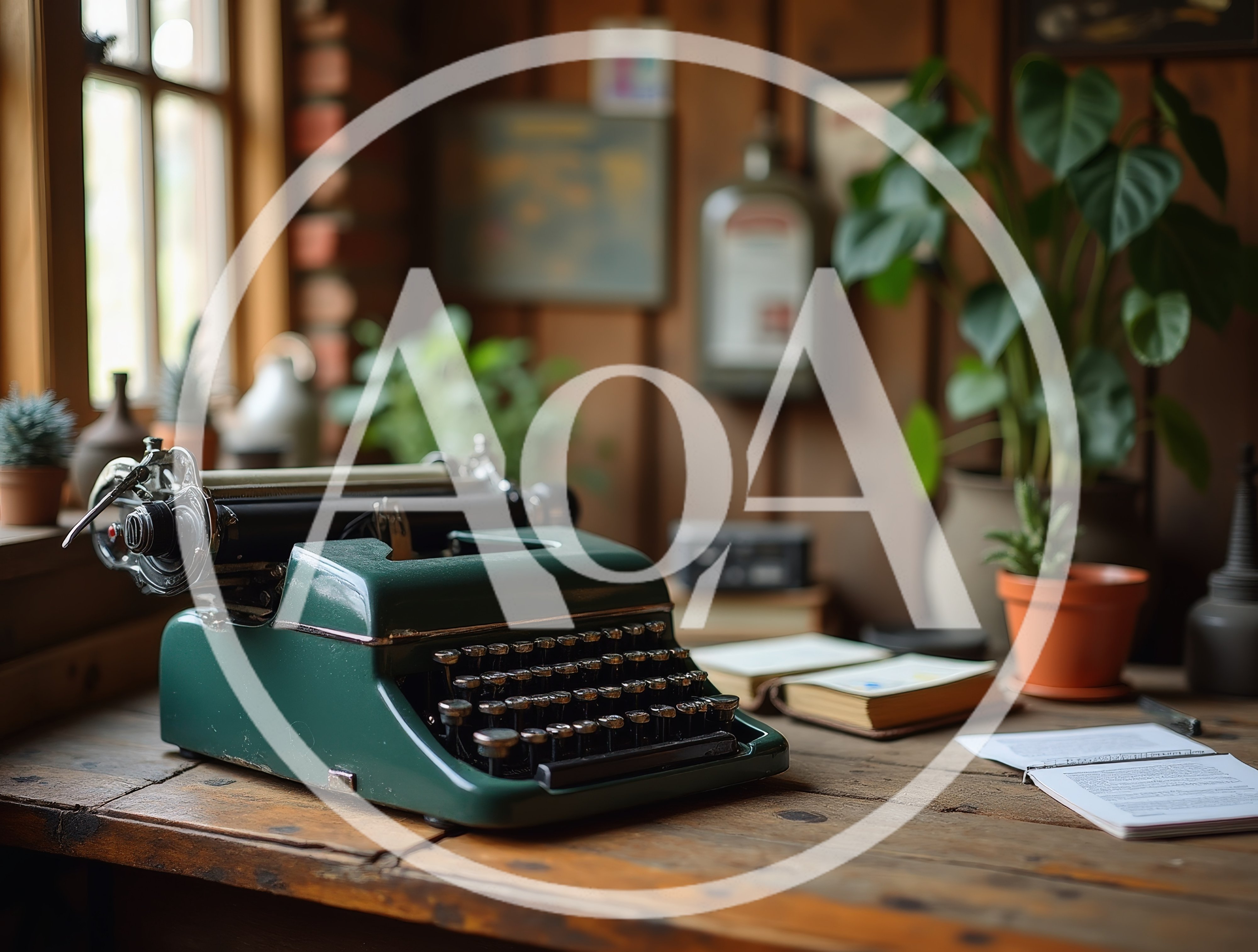 Vintage Green Typewriter on a Rustic Wooden Desk