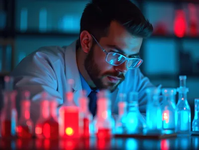 Scientist Examining Glowing Chemical Flasks In Laboratory
