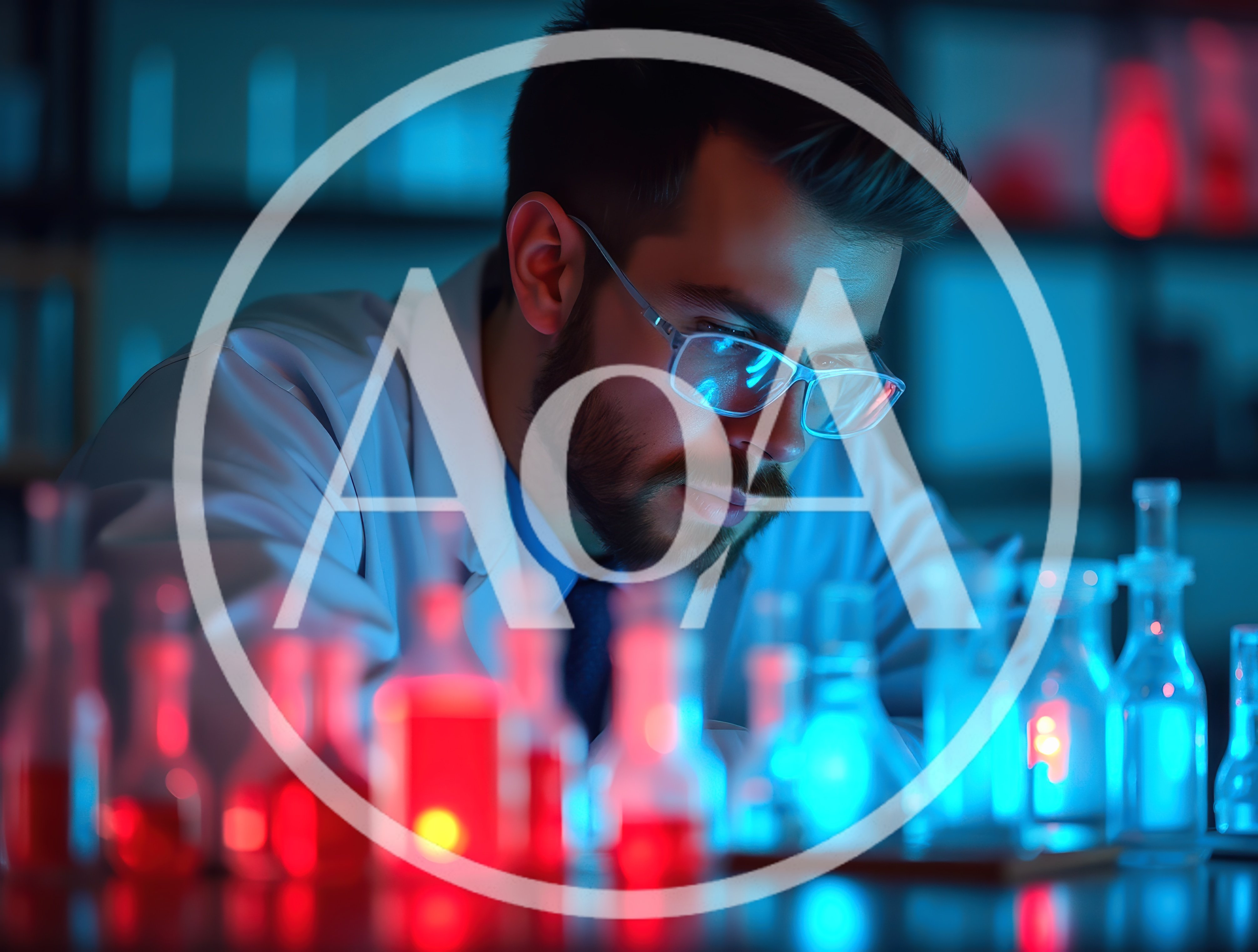 Scientist Examining Glowing Chemical Flasks In Laboratory