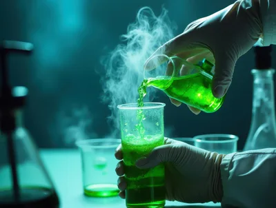Scientist Pouring Glowing Green Chemical Into Beaker