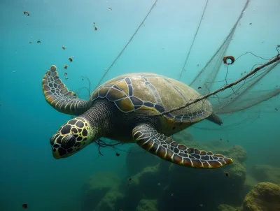 Sea Turtle Entangled in Discarded Fishing Net Underwater