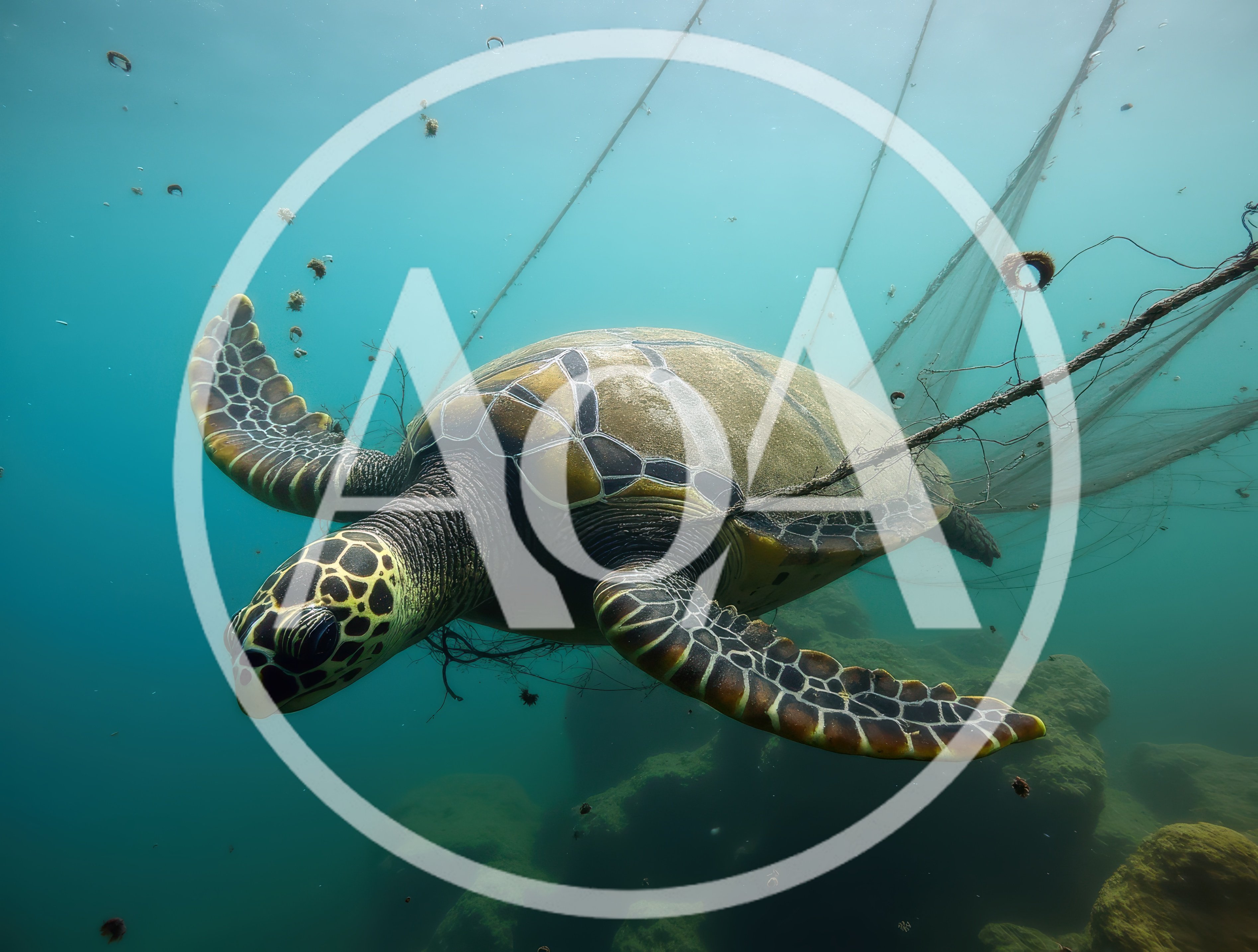 Sea Turtle Entangled in Discarded Fishing Net Underwater