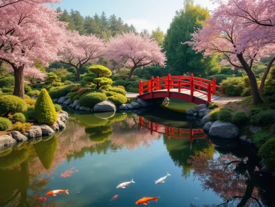 Red Japanese Bridge Over Koi Pond With Cherry Blossoms