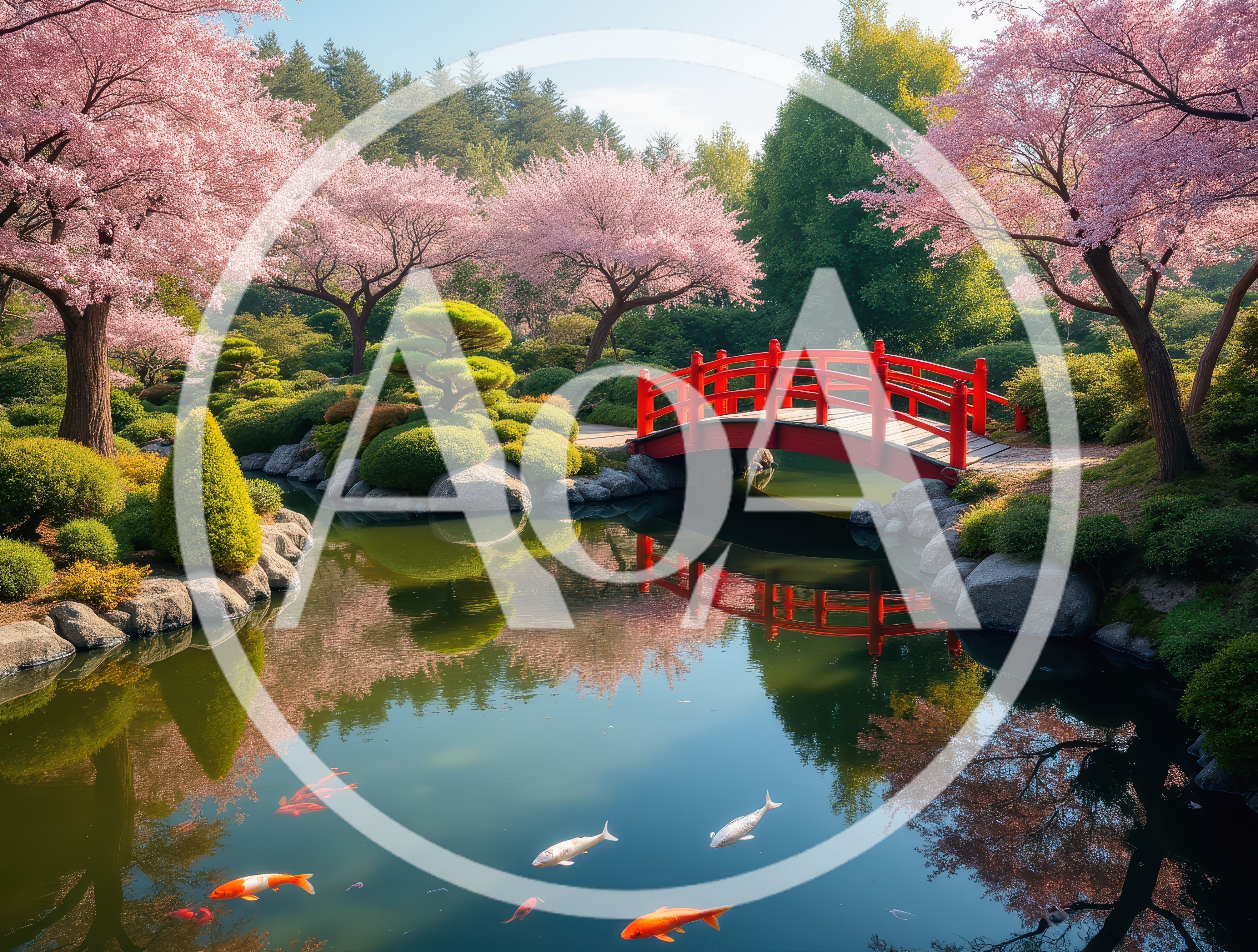 Red Japanese Bridge Over Koi Pond With Cherry Blossoms