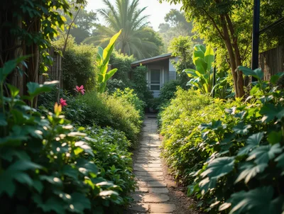 Stone Pathway Through A Lush Tropical Garden