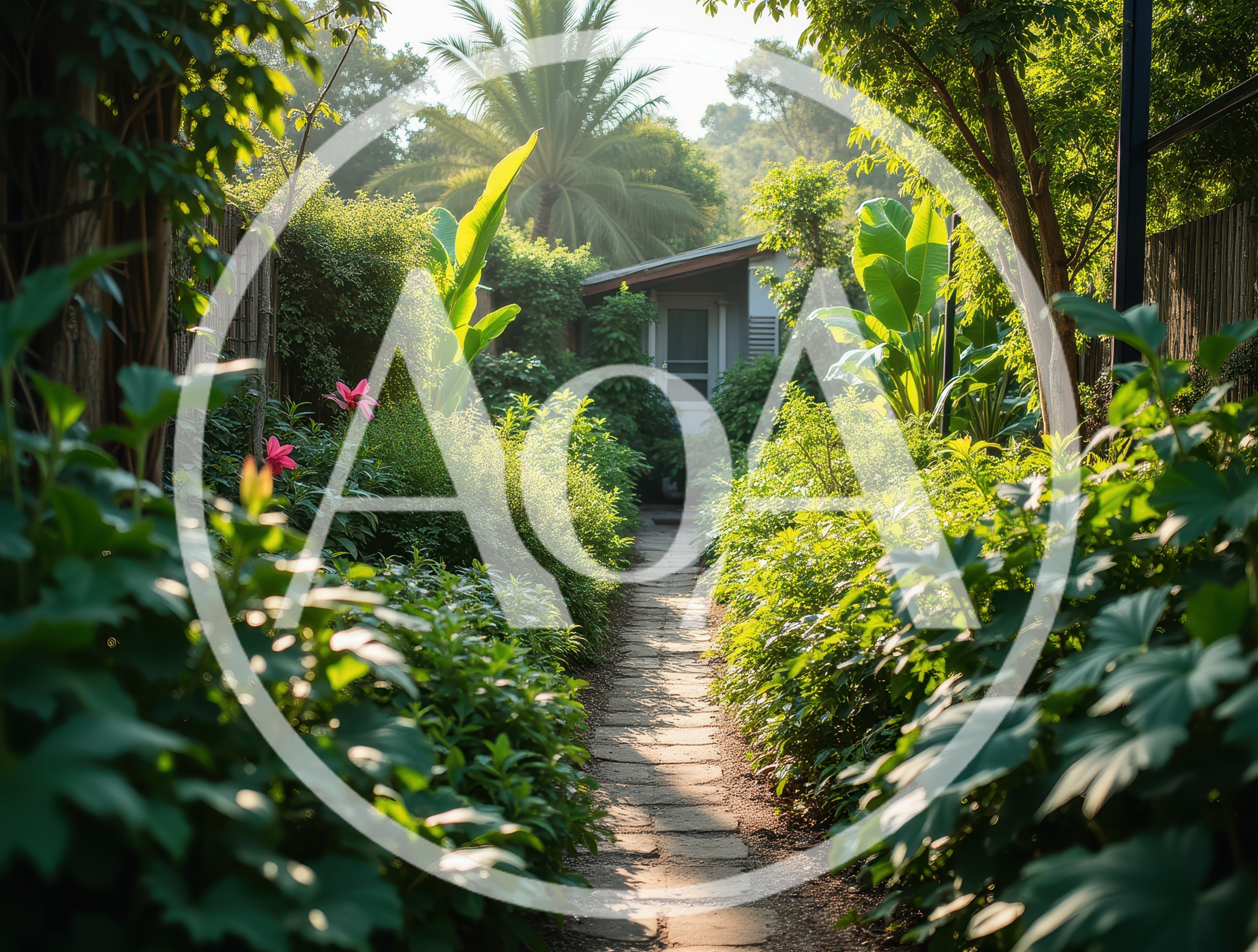 Stone Pathway Through A Lush Tropical Garden