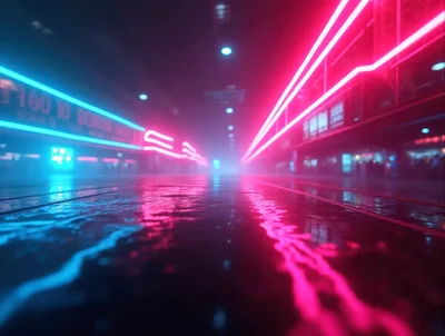 Futuristic Neon City Street With Wet Reflective Pavement
