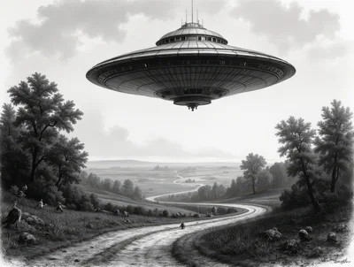 Large Metallic UFO Hovering Over A Rural Landscape