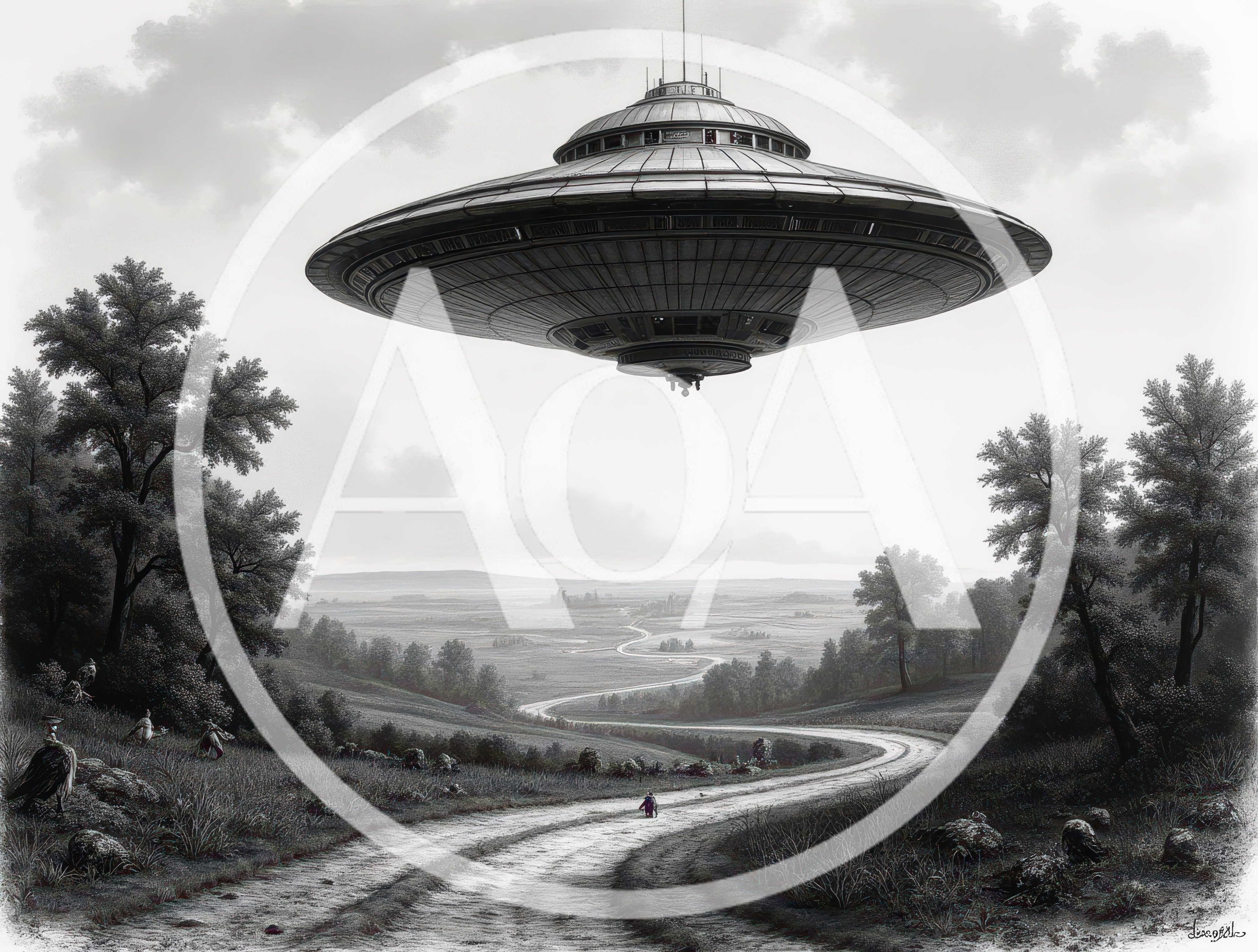 Large Metallic UFO Hovering Over A Rural Landscape