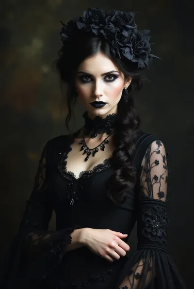 Gothic Woman With Black Roses And Lace Dress