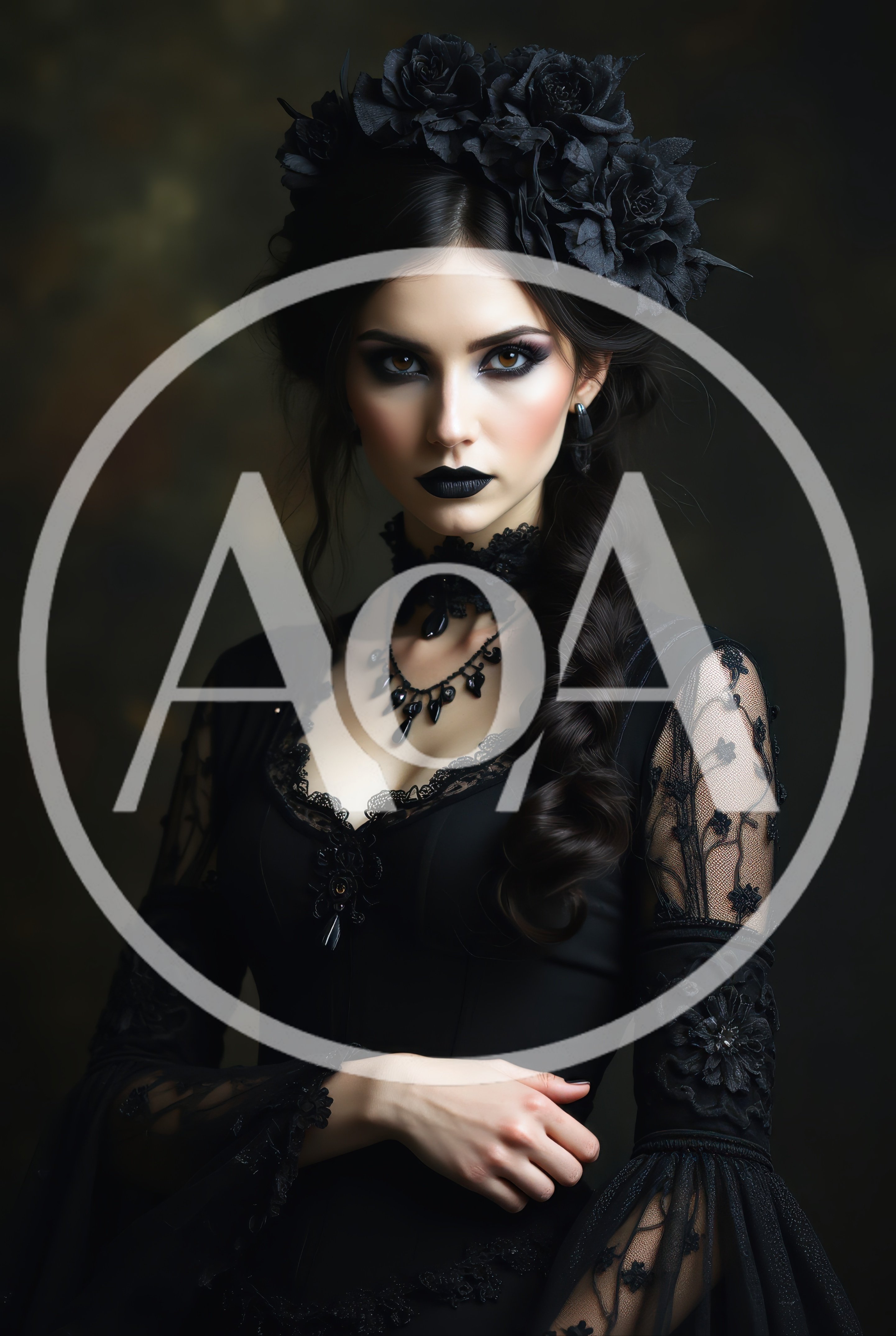Gothic Woman With Black Roses And Lace Dress