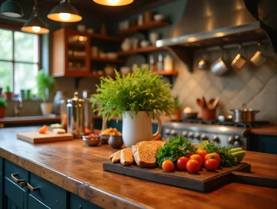 Fresh Bread And Vegetables On A Kitchen Counter