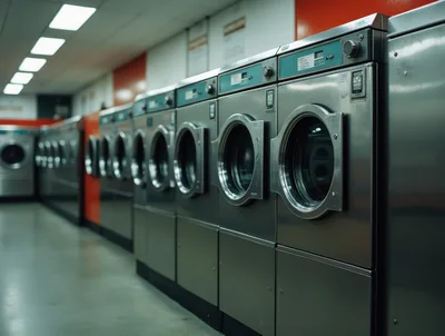Row Of Industrial Washing Machines In A Laundromat