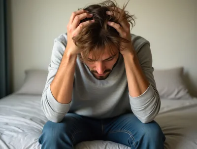 Stressed Man Sitting On Bed With Head In Hands
