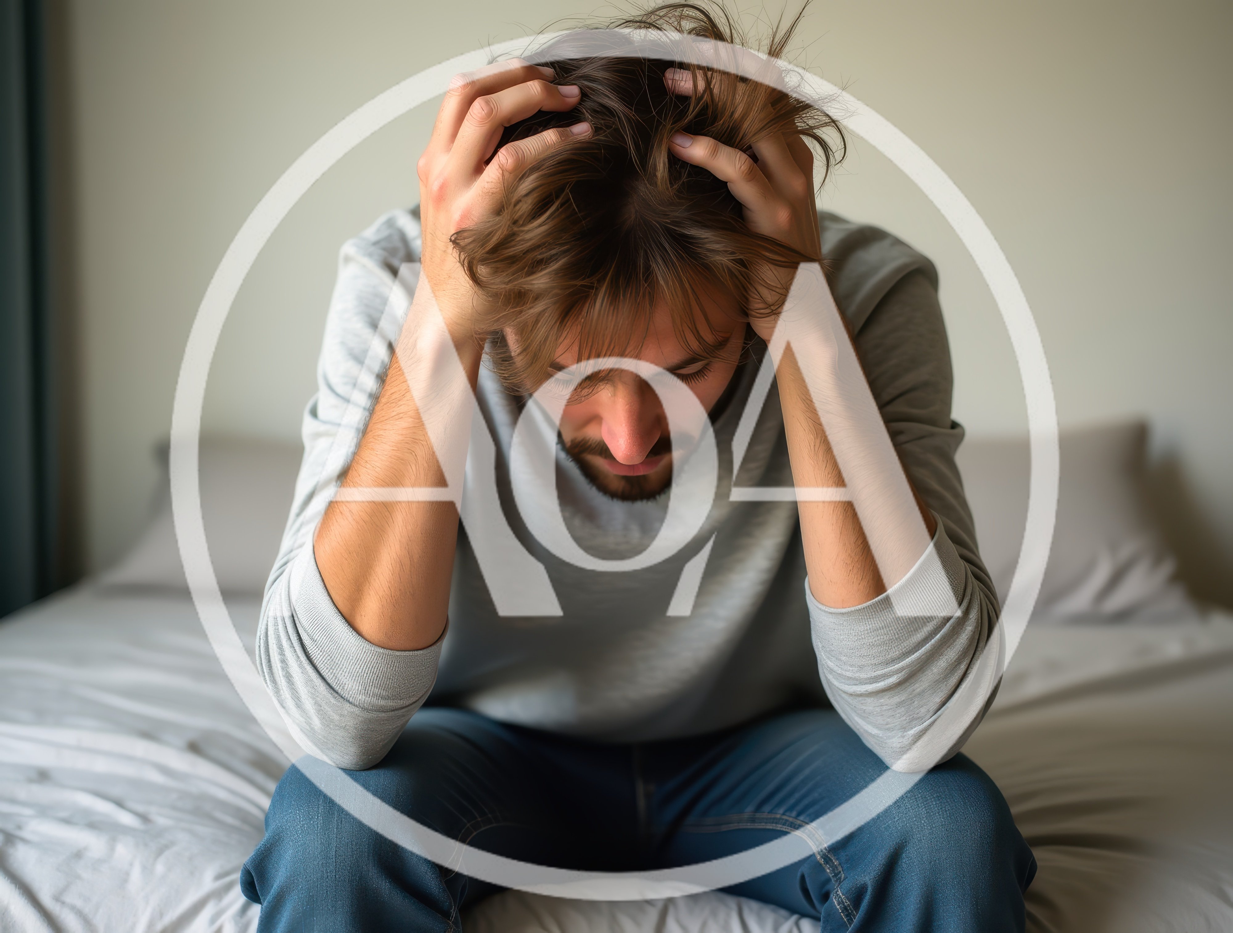 Stressed Man Sitting On Bed With Head In Hands