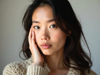 Portrait Of A Young Asian Woman Touching Her Face