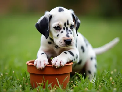 Adorable Dalmatian Puppy Resting Paws On A Flower Pot