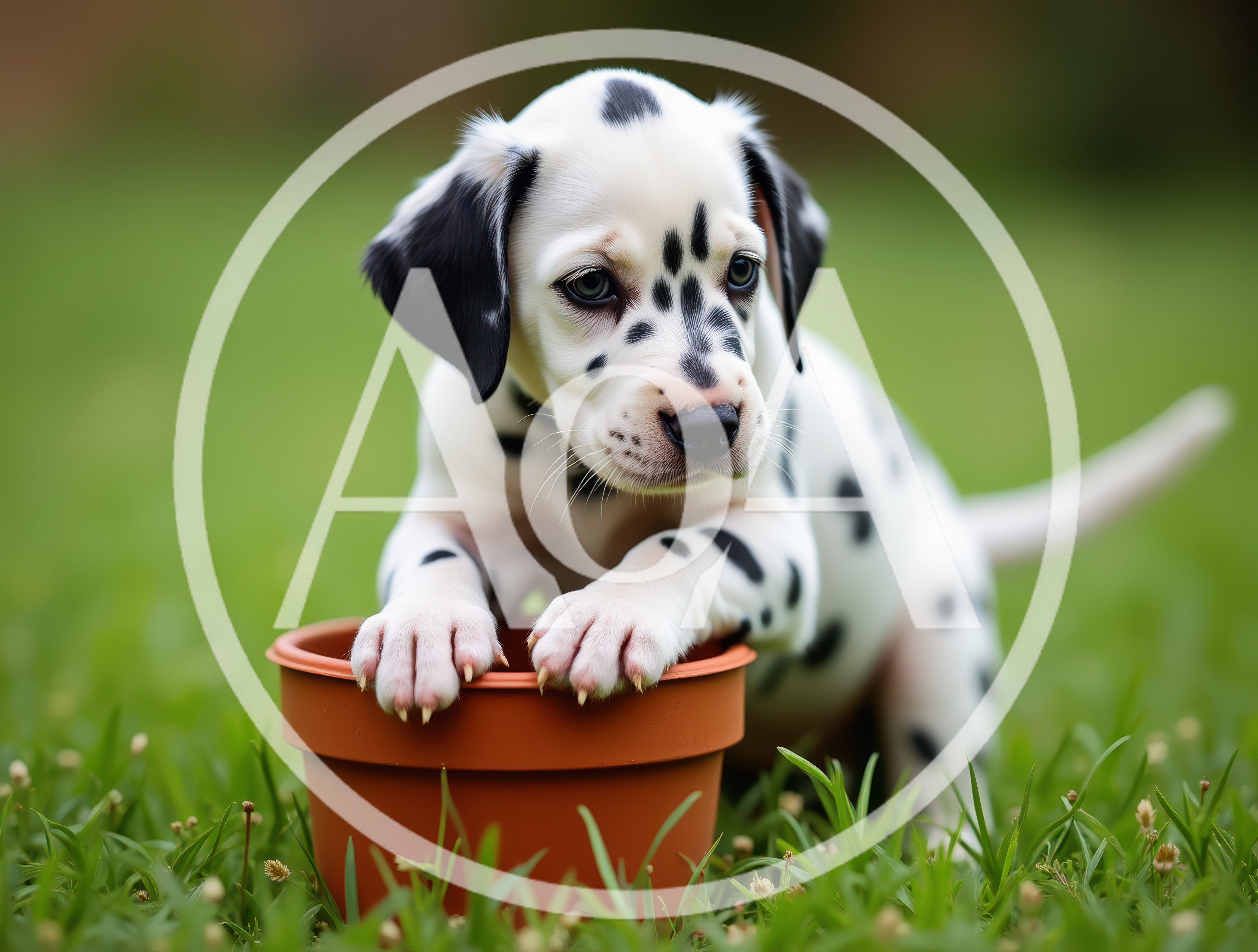 Adorable Dalmatian Puppy Resting Paws On A Flower Pot