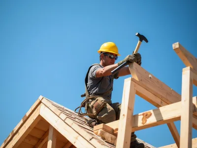 Construction Worker Framing A Wooden Roof Structure