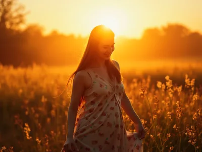 Young Woman Walking Through A Golden Meadow At Sunset