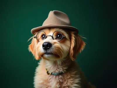 Portrait Of A Cute Puppy Wearing A Fedora And Glasses