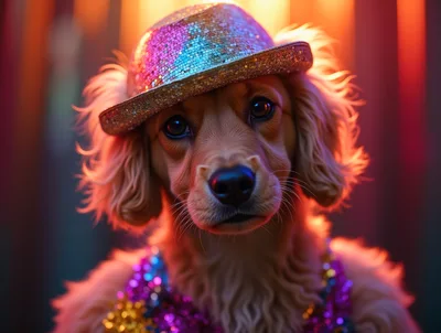 Adorable Puppy Wearing A Sparkly Disco Hat