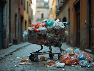 Shopping Cart Overflowing With Plastic Waste In Narrow Alley