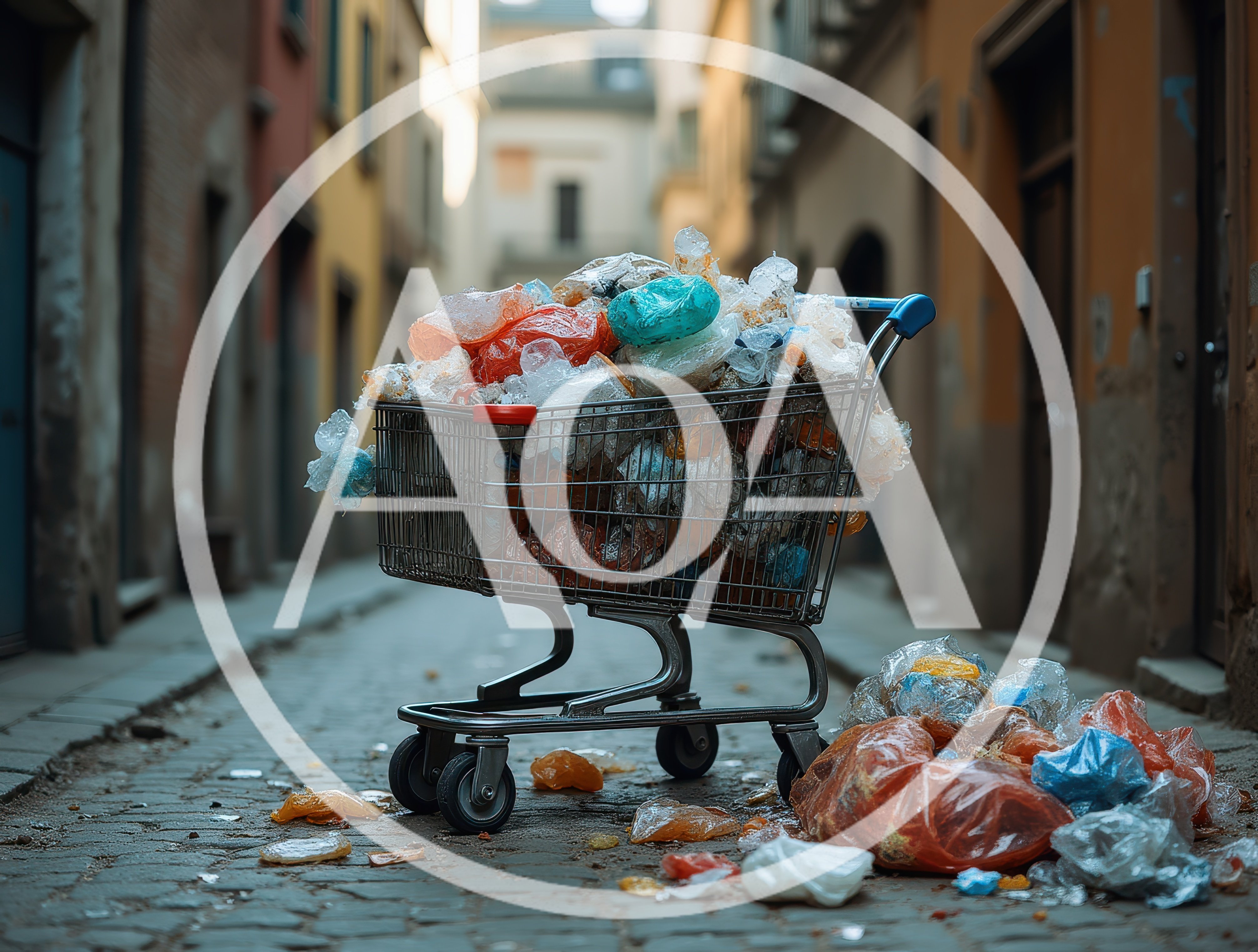 Shopping Cart Overflowing With Plastic Waste In Narrow Alley