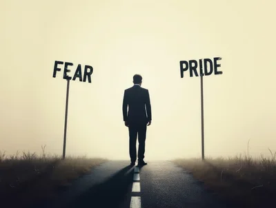 Businessman Standing At A Crossroads Between Fear And Pride