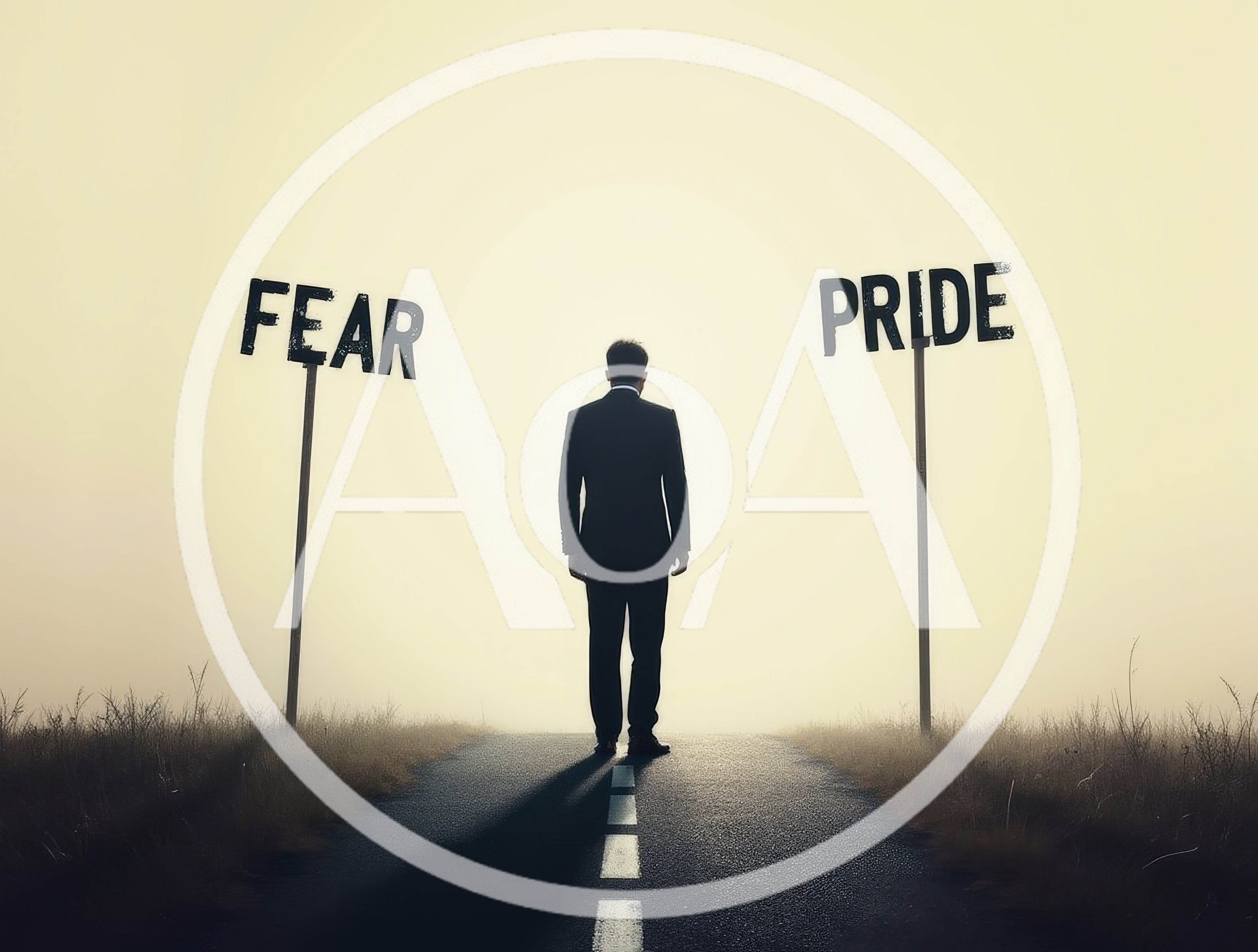 Businessman Standing At A Crossroads Between Fear And Pride
