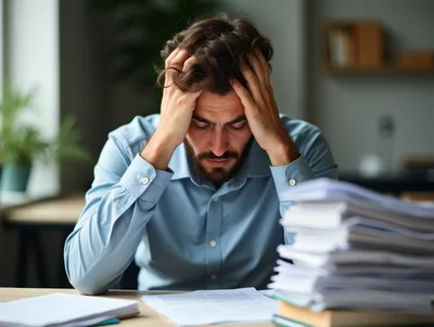 Stressed Businessman Overwhelmed By Excessive Paperwork At Desk