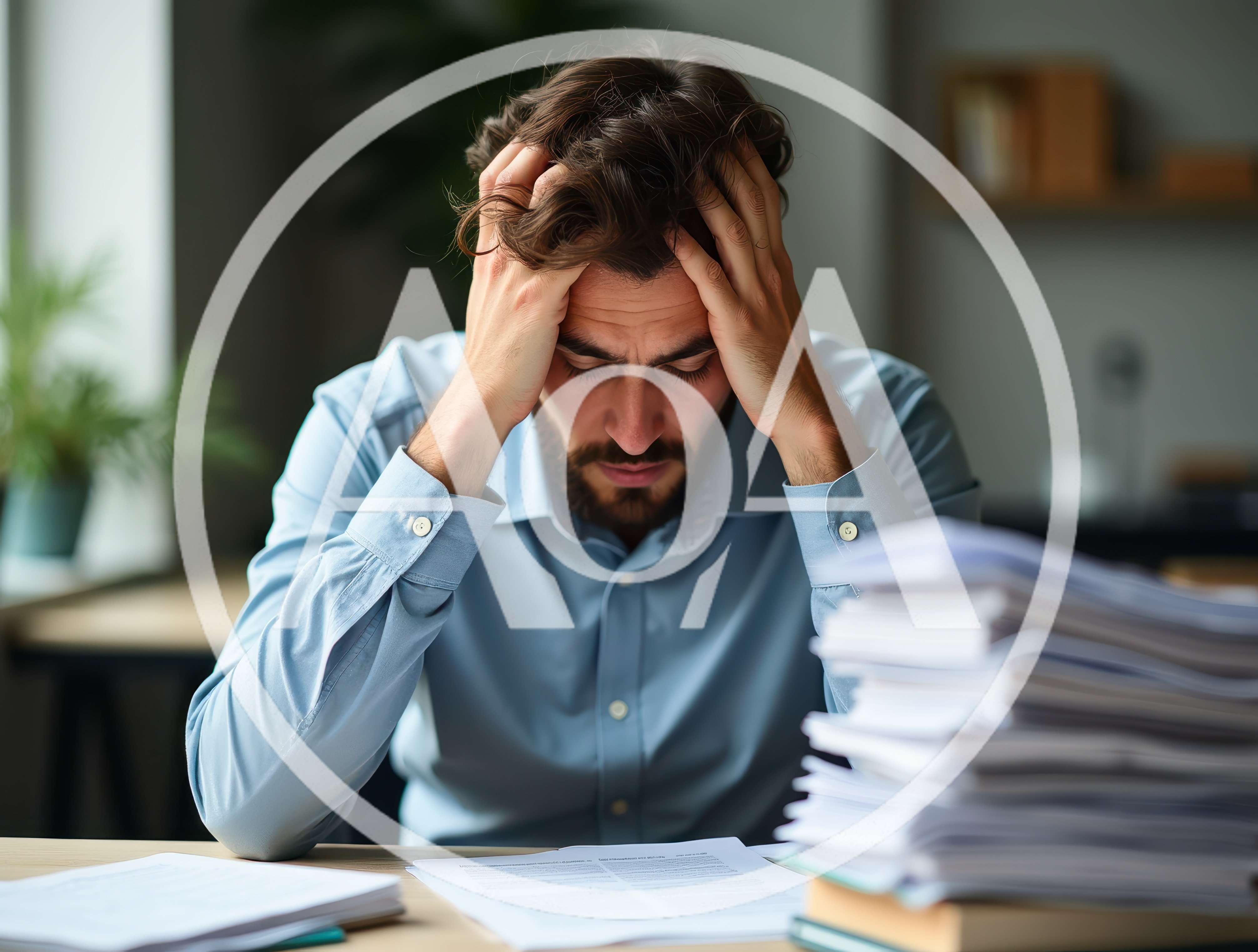 Stressed Businessman Overwhelmed By Excessive Paperwork At Desk