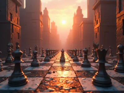 Chess Pieces Arranged On A City Street Board