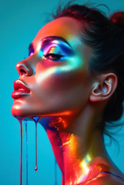 Portrait Of A Woman With Neon Liquid Makeup