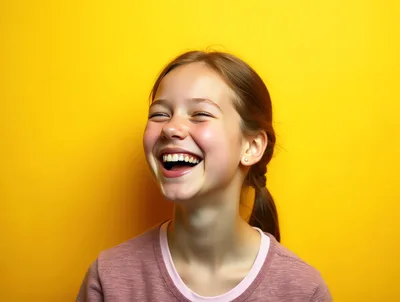 Happy Young Girl Laughing Against Yellow Background