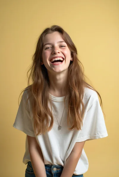 Young Woman Laughing Joyfully Against Yellow Background
