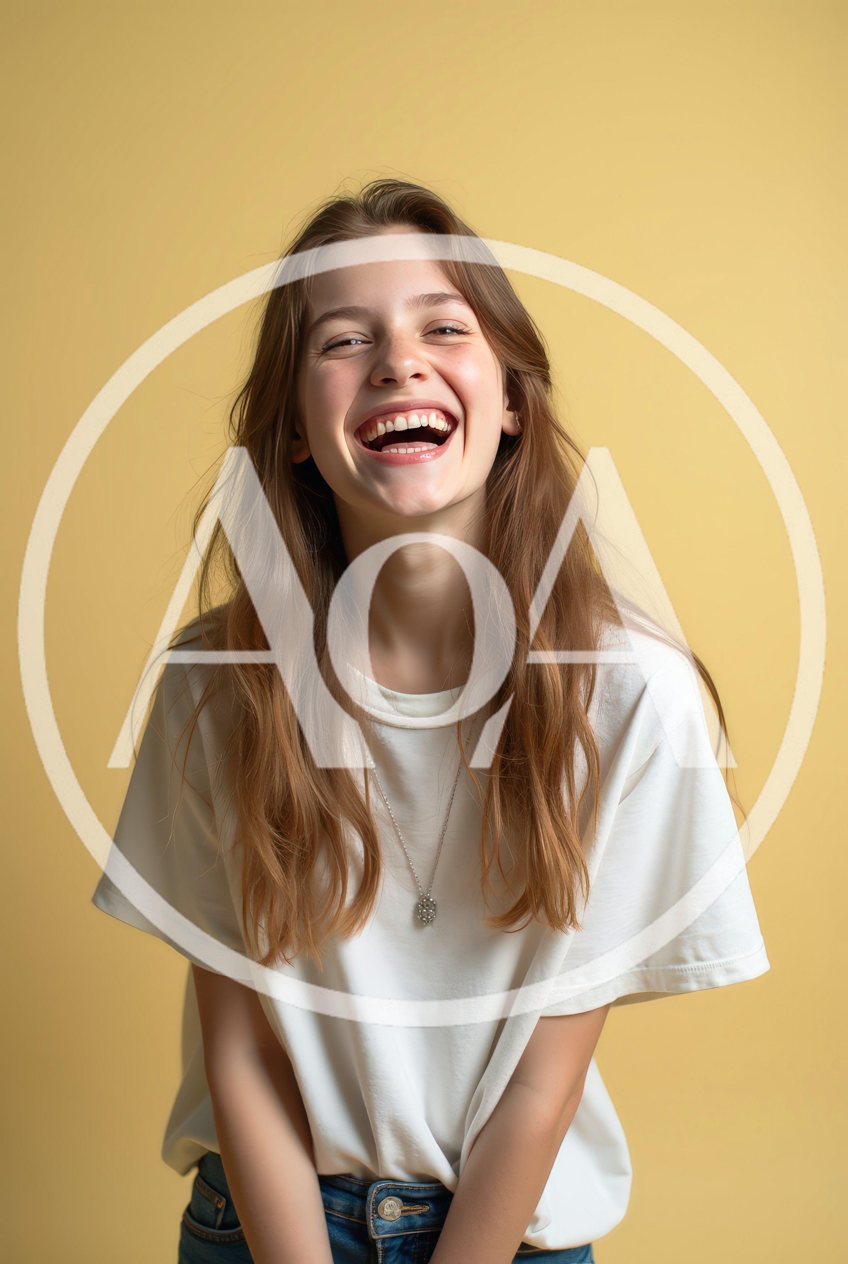 Young Woman Laughing Joyfully Against Yellow Background