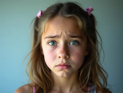 Portrait Of A Sad Young Girl With Pigtails