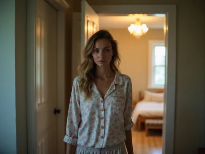 Young Woman Standing In Bedroom Doorway At Night