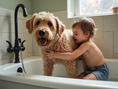 Toddler Hugging Golden Doodle Dog In Bathtub