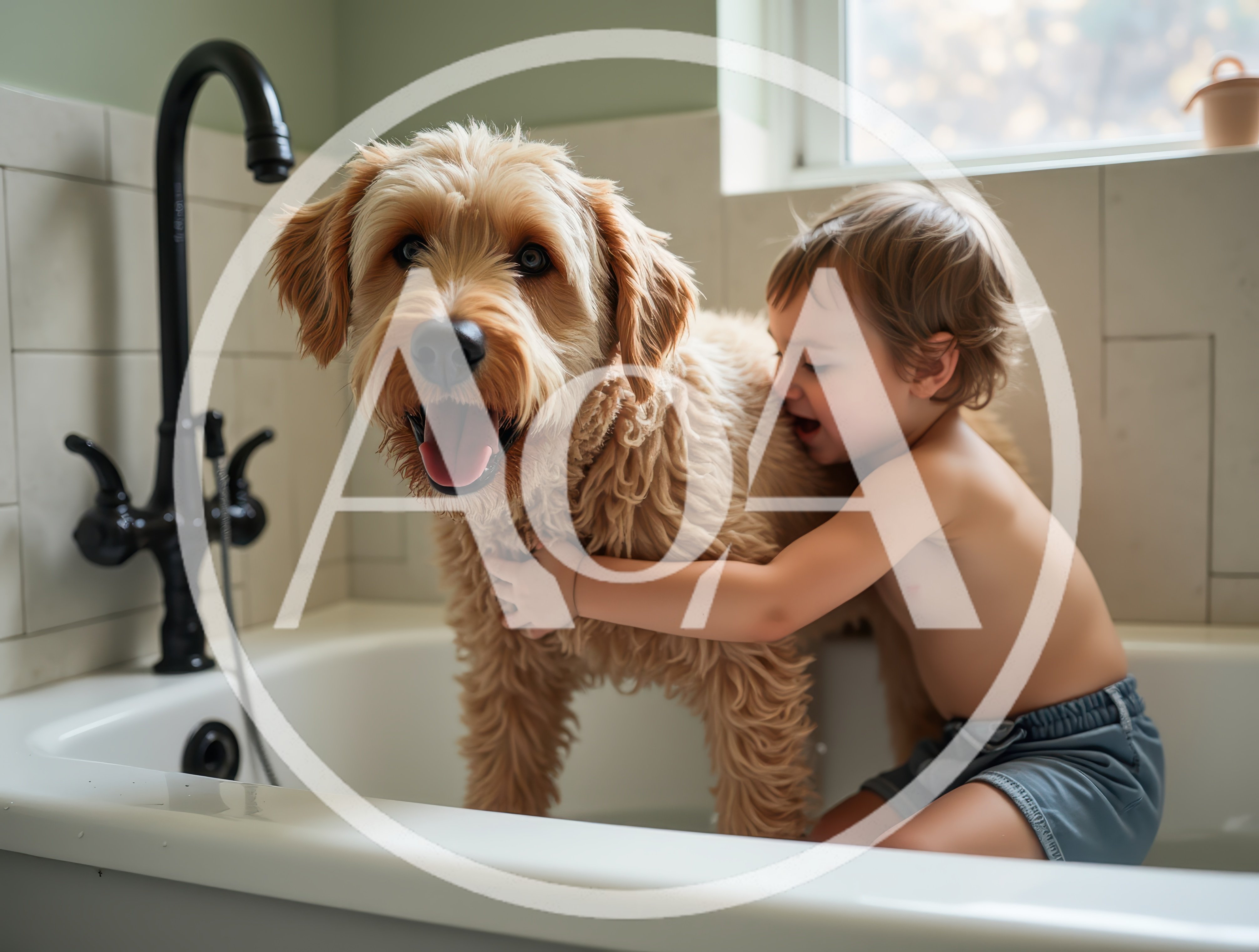 Toddler Hugging Golden Doodle Dog In Bathtub