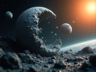 Fragmented Moon Surface With Floating Debris In Space