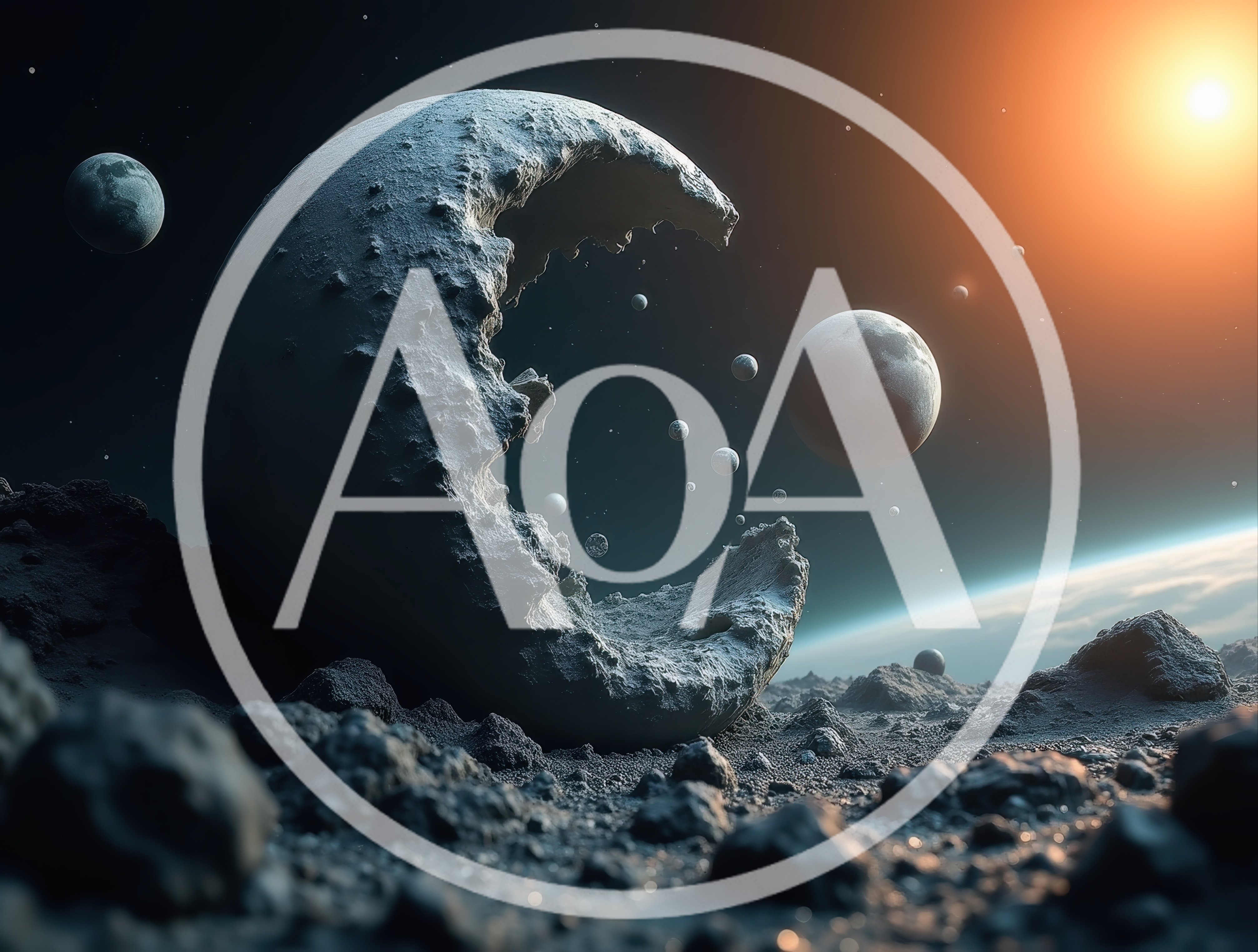 Fragmented Moon Surface With Floating Debris In Space