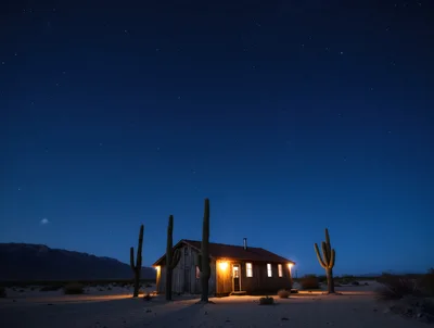 Illuminated Desert Cabin Under Starry Night Sky