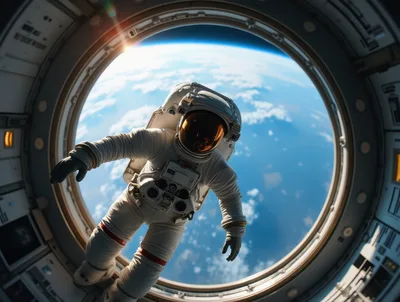 Astronaut Floating Inside Space Station Cupola Window